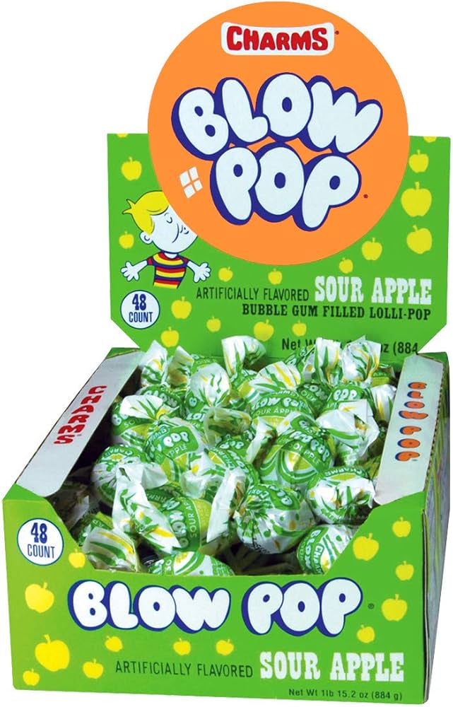 Charms Blow Pop Sour Apple Bubble Gum Filled Lollipop 48 Pack