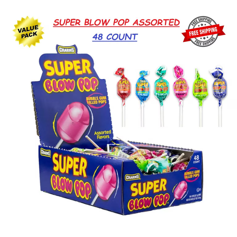 Charms Super Blow Pop Assorted Bubble Gum Filled Lollipop 48 Pack