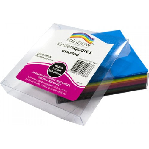 Rainbow Premium Glossy Paper Kinder Squares 84GSM Single Sided 127mm 360 Sheets Per PVC Box Assorted