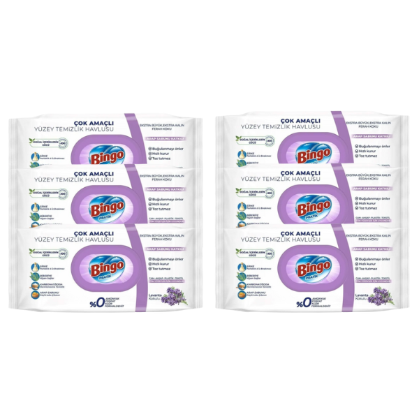 6 x Bingo Surface Cleaning Wet Wipes Lavender 96pcs