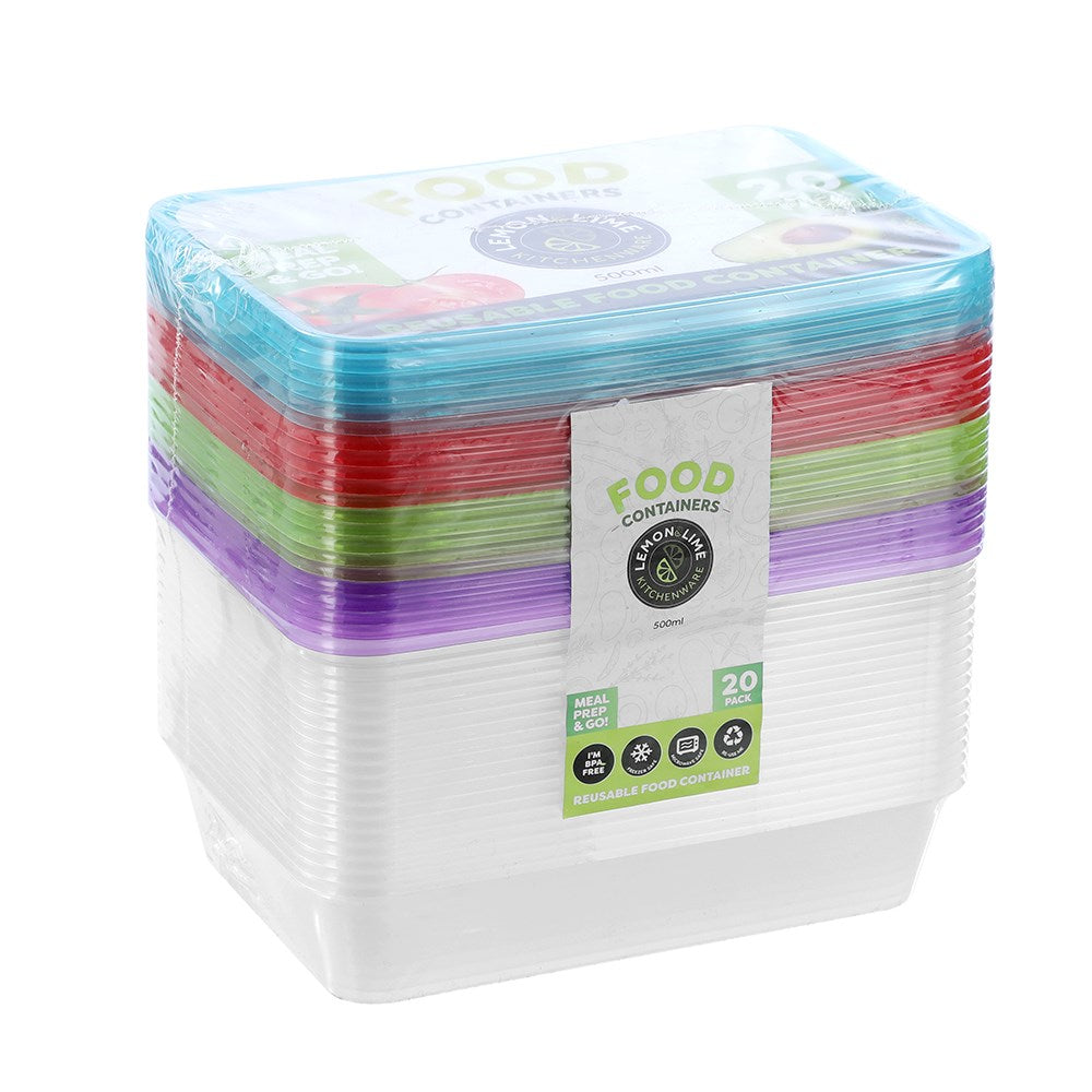 Lemon & Lime Reusable Rectangle Containers 500ml Coloured Lids 20 Pack