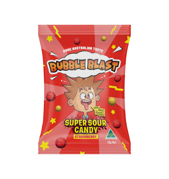 Bubble Blast Super Sour Strawberry Bag 70g * 12 Pack