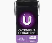 U by Kotex Ultra Thin Overnight Regular Pads With Wings 8 Pack