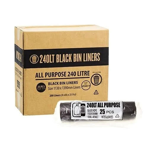 Bundle All Purpose Garbage Bags Roll Black Hdpe 240L 8x25pcs