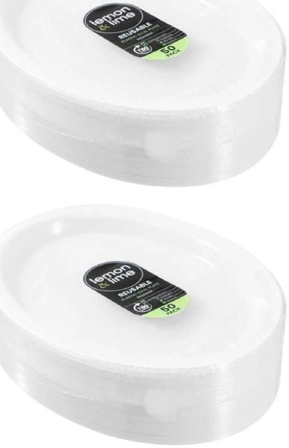 Lemon & Lime - REUSABLE PLASTIC OVAL PLATE 31X24.5CM VALUE 50PK
